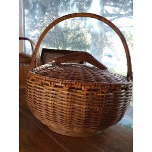 Vintage OOAK Antique Basket Bamboo Wicker Carved Wood Detail Edging Inside